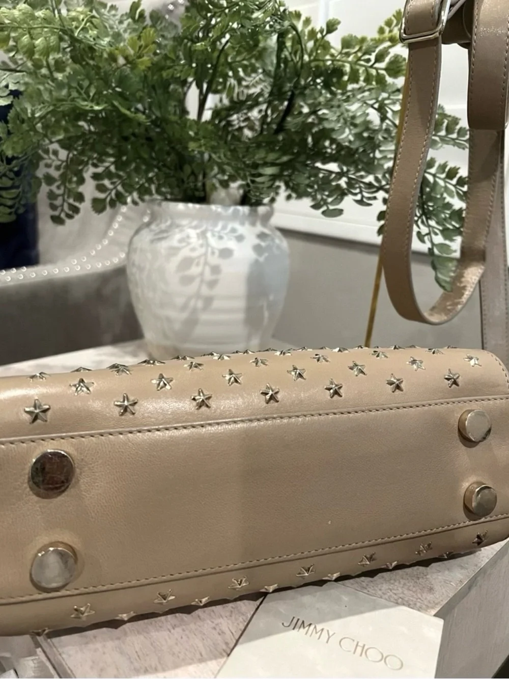 Authentic Jimmy Choo Taupe Leather Star Studded Satchel Shoulder/Crossbody Bag